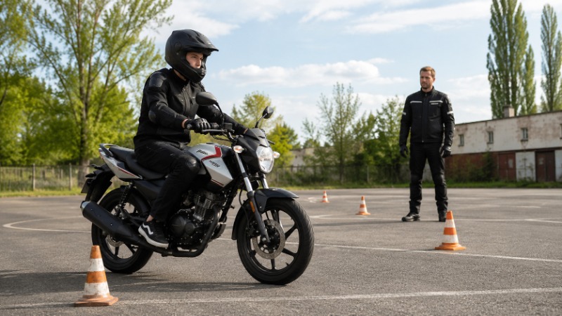 Mladý motorkář na stopětadvacítce skupiny A1 při jízdě v městském provozu