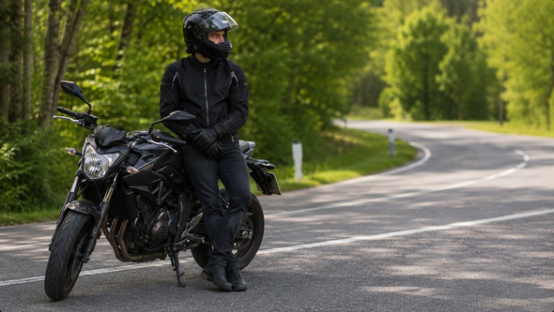 Motorka střední třídy pro skupinu A2 zaparkovaná před autoškolou, v pozadí žák v moto bundě