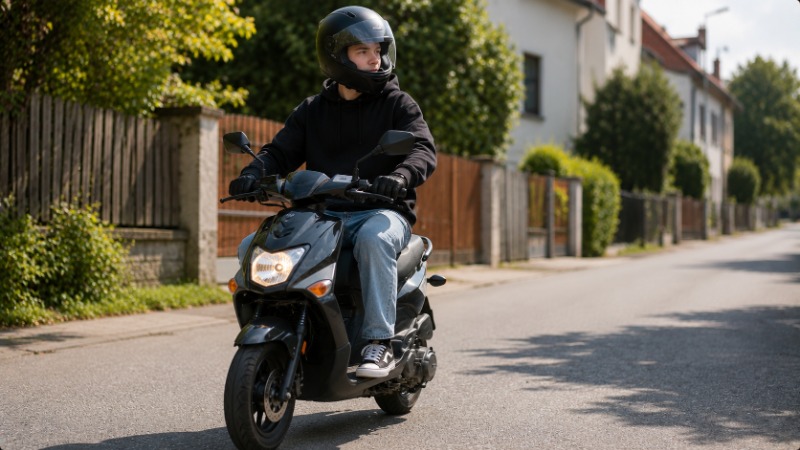 Mladý řidič v helmě sedí na mopedu skupiny AM na cvičišti autoškoly