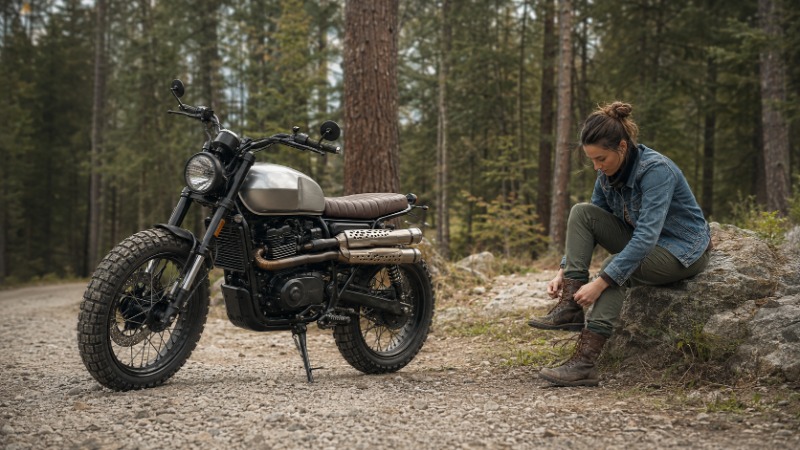 Scrambler motorka s vysokým řídítkem, drátěnými koly a hrubě vzorkovanými pneumatikami na štěrkové cestě