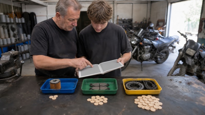 Mechanik v servisu pracuje na motorce zvednuté na montážním stojanu