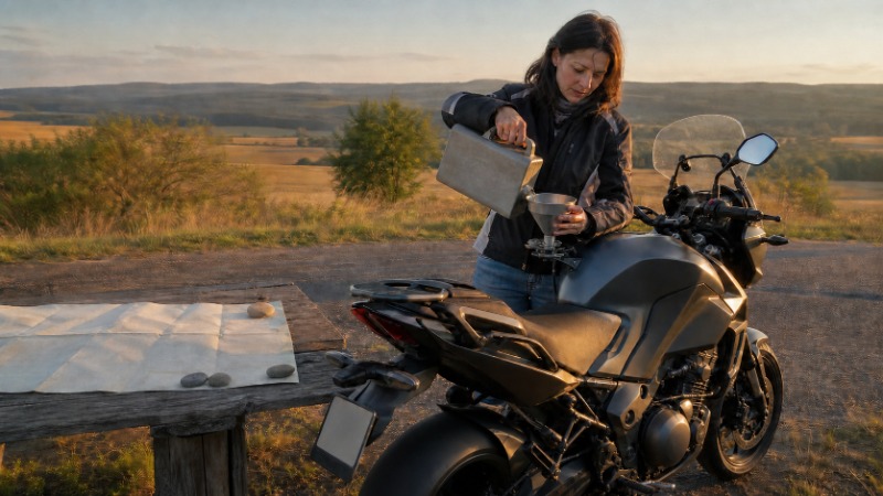 Motorkář tankuje motorku na čerpací stanici, palivová nádrž otevřená