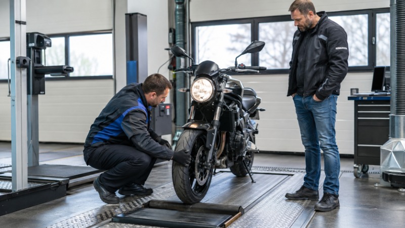 Technik stanice technické kontroly prohlíží motorku na zvedáku