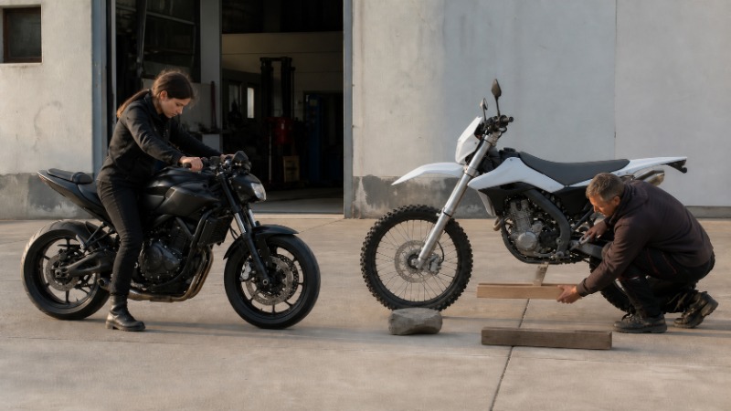 Detail spodní části motorky ukazuje prostor mezi motorem a vozovkou vedle vysokého obrubníku