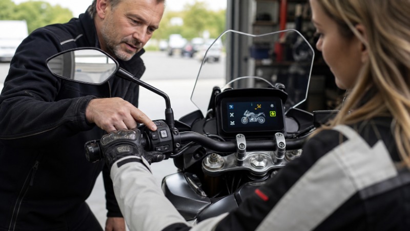 Displej motorky se zobrazenými jízdními režimy a ukazatelem trakční kontroly
