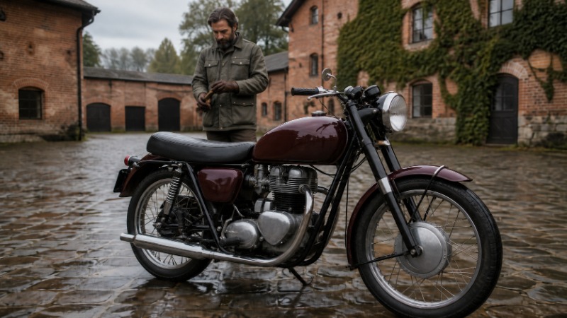Klasicky tvarovaný motocykl Triumph s kulatým světlem zaparkovaný u cihlové zdi