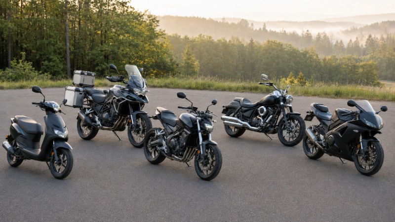 Řada různých typů motorek vedle sebe – naked, sport, cestovní enduro, cruiser a skútr