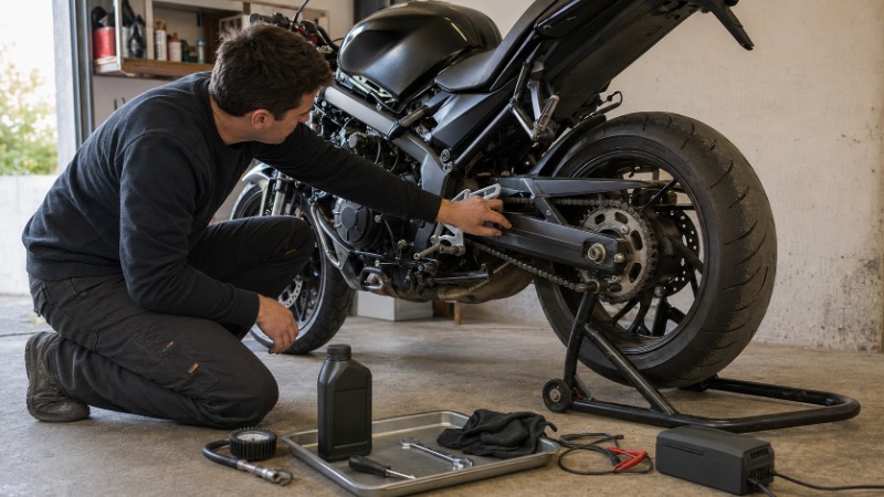 Motorka na montážním stojanu v dílně, jezdec kontroluje napnutí řetězu a hladinu oleje