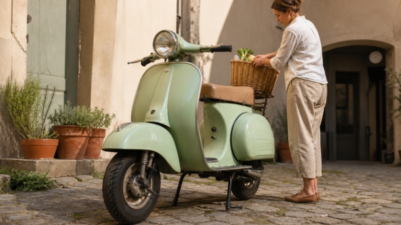 Klasický skútr Vespa zaparkovaný u chodníku v úzké městské ulici