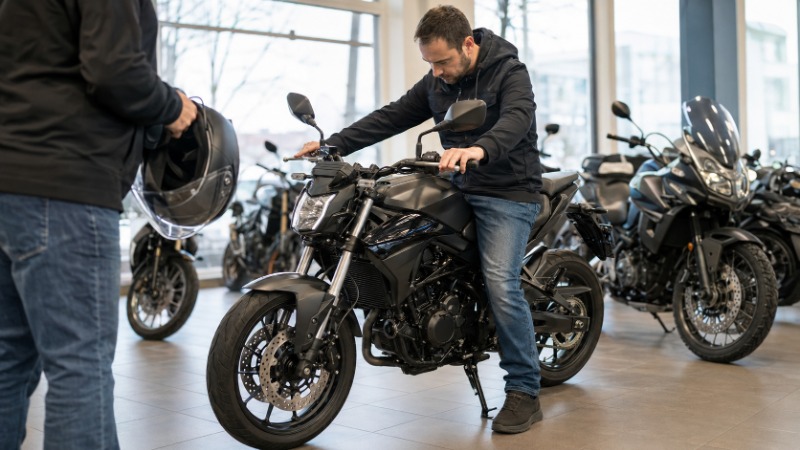Začínající motorkář si u prodejny prohlíží zaparkovanou motorku před koupí