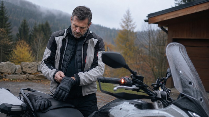 Motorkář v zimní bundě s vyhřívanými rukavicemi na řídítkách za chladného počasí