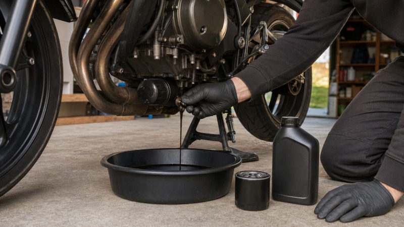 Vypouštění motorového oleje z motorky do záchytné vany během servisu