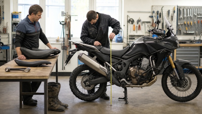 Detail sedla motorky ve výšce boku motorkáře, vedle metr na měření vzdálenosti od země