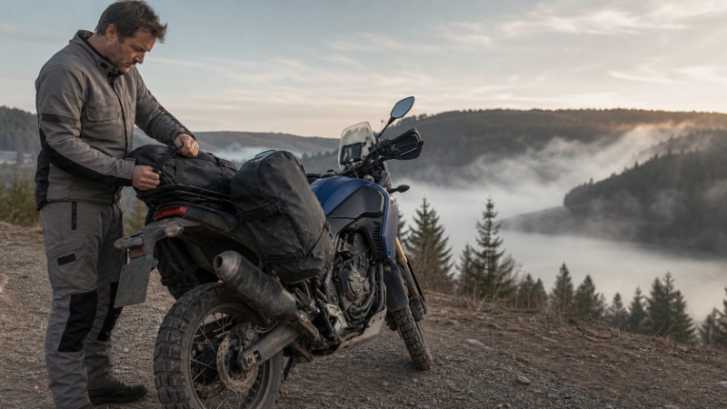 Motorka Yamaha zaparkovaná na kraji silnice, v pozadí kopcovitá krajina