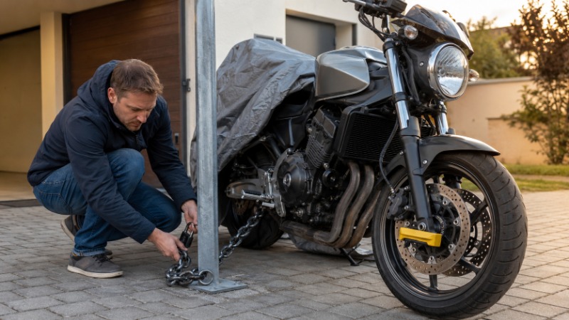 Motorka zajištěná U zámkem přes zadní kolo na parkovišti