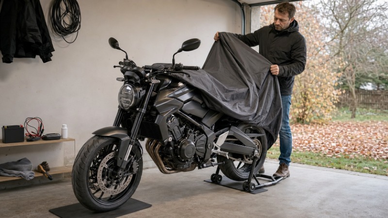 Motorka odstavená v garáži pod plachtou připravená na zimní přestávku