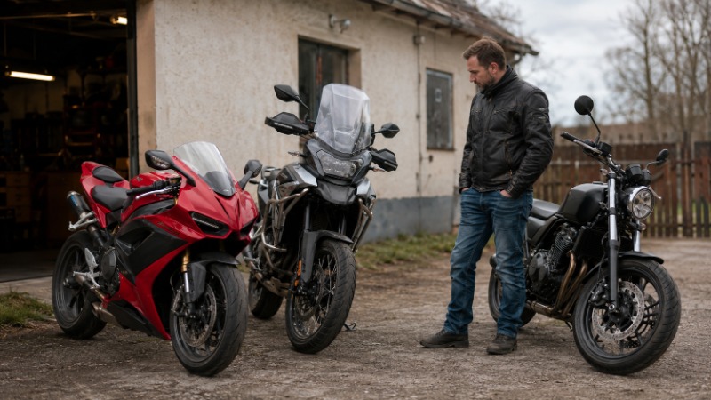 Řada zaparkovaných motorek různých typů před servisem